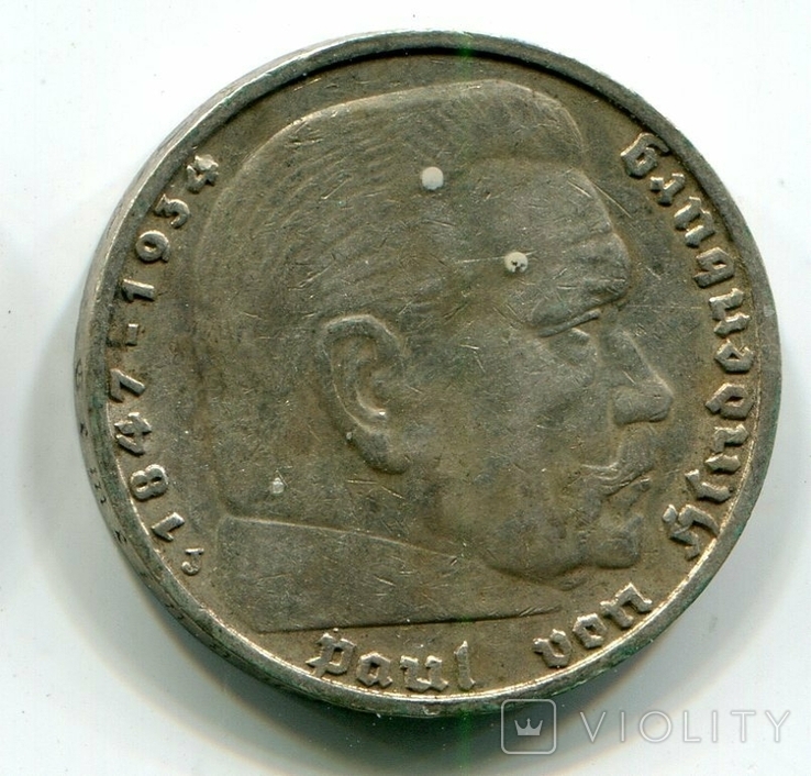 5 марок 1938 г. Серебро. Монетный двор J, фото №2