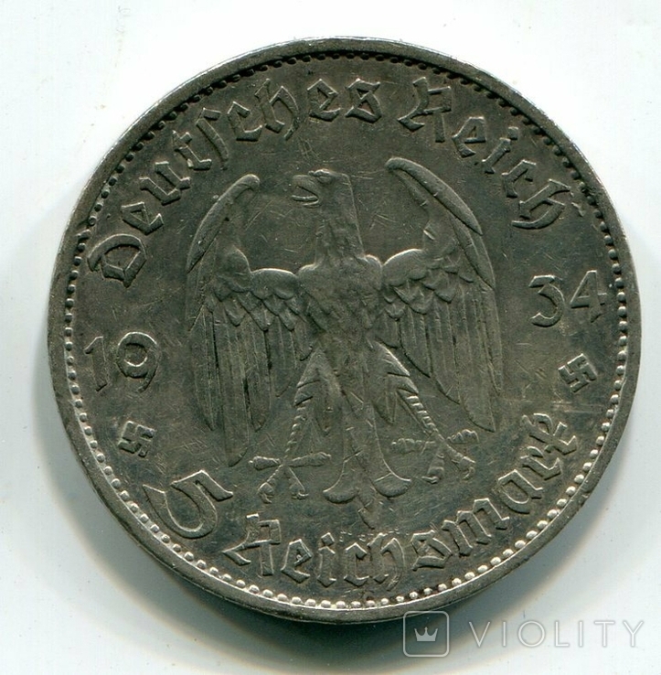 5 марок 1934 г. Серебро. Монетный двор E, фото №3