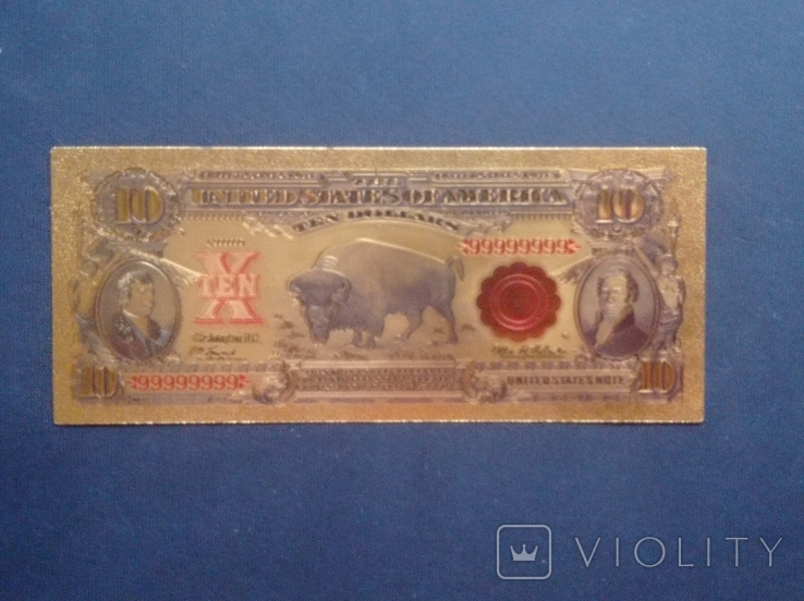 Золота сувенірна банкнота США 10 Доларів - 10 Dollars (1878р з бізоном), фото №2