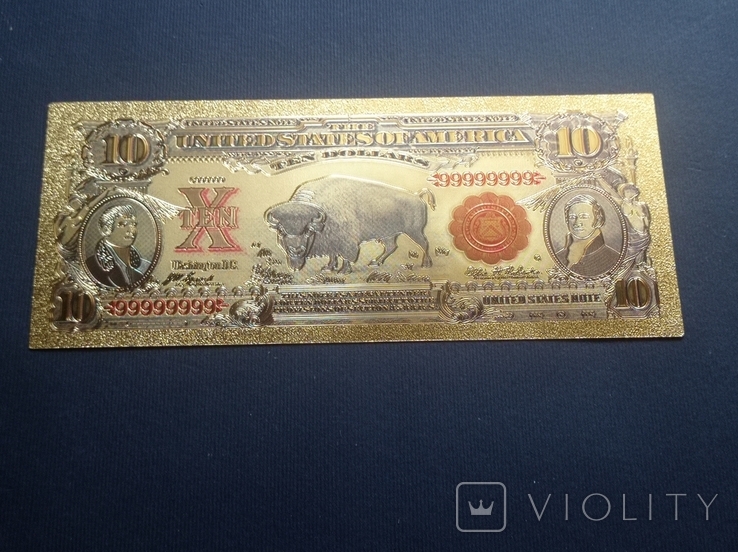 Золота сувенірна банкнота США 10 Доларів - 10 Dollars (1878р з бізоном), фото №3