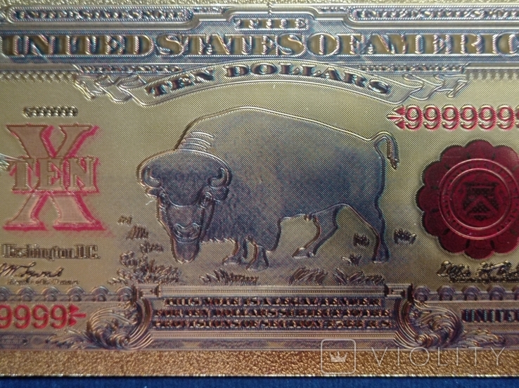 Золота сувенірна банкнота США 10 Доларів - 10 Dollars (1878р з бізоном), фото №5