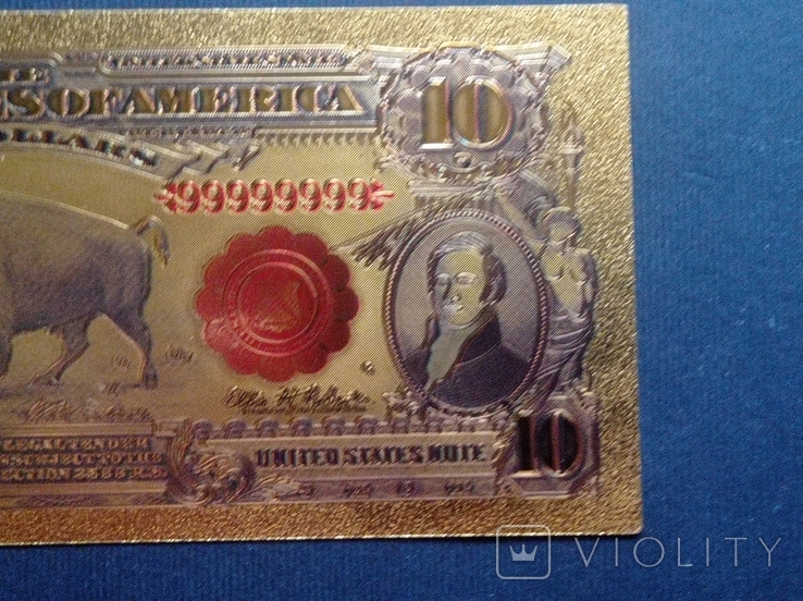 Золота сувенірна банкнота США 10 Доларів - 10 Dollars (1878р з бізоном), фото №6