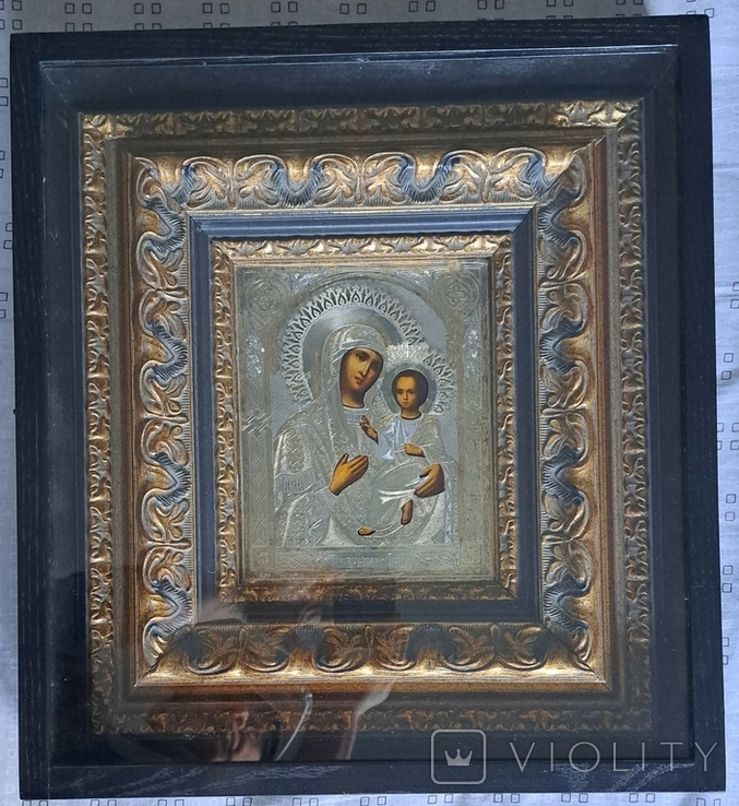 Ікона Тихвінська Богородиця, срібло 84, 22,2х17,8 см, кіот, фото №2