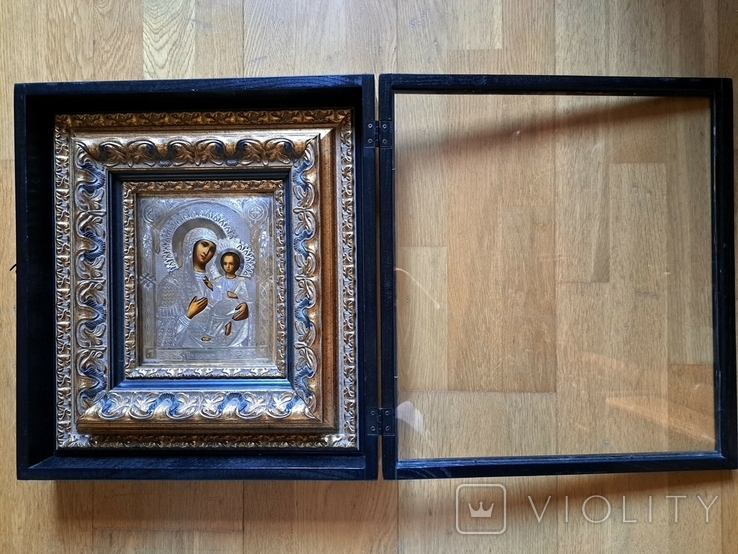 Ікона Тихвінська Богородиця, срібло 84, 22,2х17,8 см, кіот, фото №3