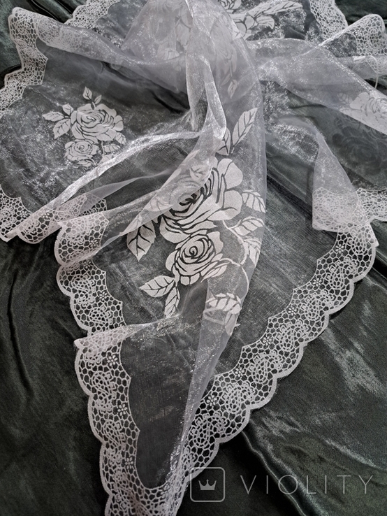 Лёгкий прозрачный платок набивной Роза, сиренево-серый 61/60 см, фото №2