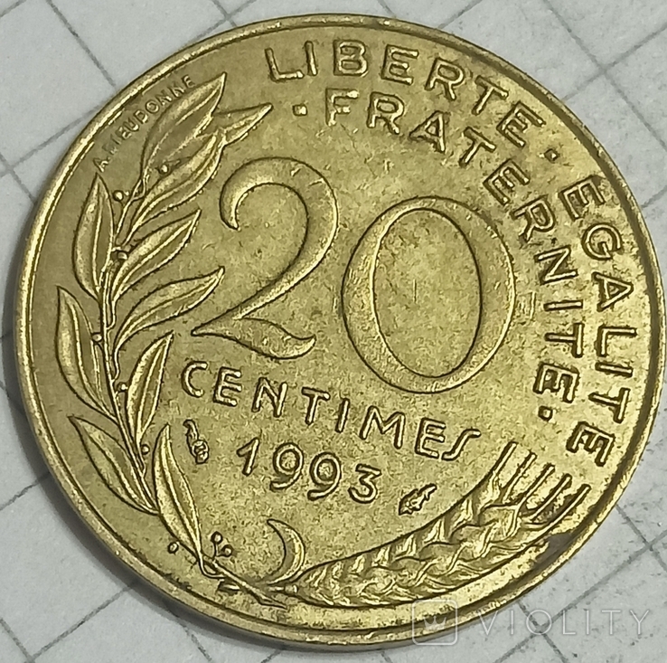 Франция 20 сентим 1993, фото №2