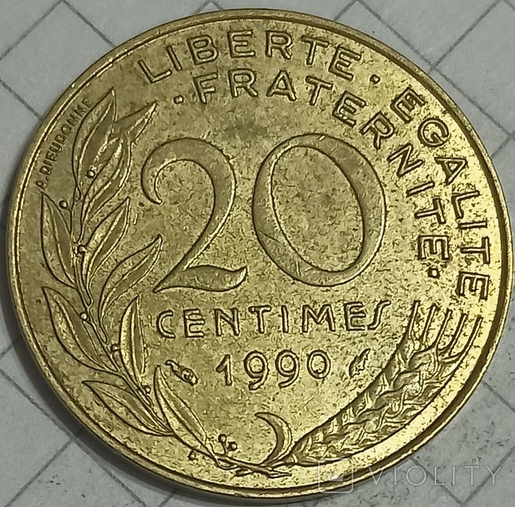 Франция 20 сентим 1990, фото №2