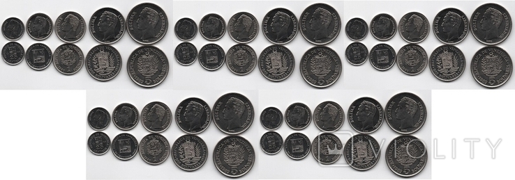 Venezuela Венесуэла - 5 шт х набор 5 монет 25 50 Centimos 1 2 5 Bolivares 1989 - 1990, фото №2