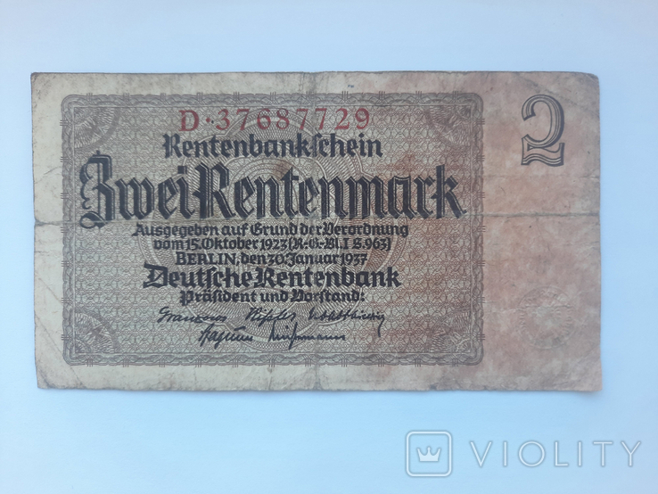 Германия 2 Марки Zwei Rentenmark 1937 - «VIOLITY»