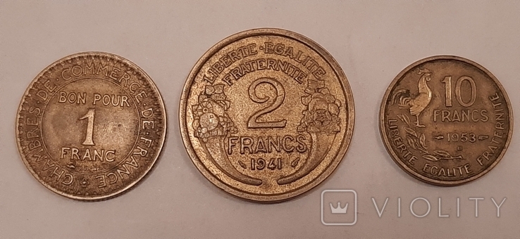 3 монеты Франция 1 франк 1924 2 франка 1941 10 франков 1953, фото №2