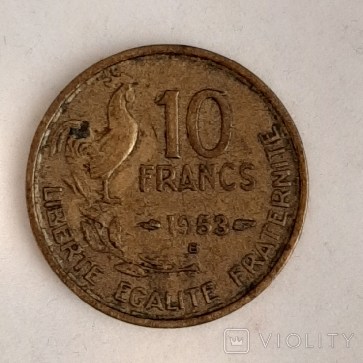 3 монеты Франция 1 франк 1924 2 франка 1941 10 франков 1953, фото №4