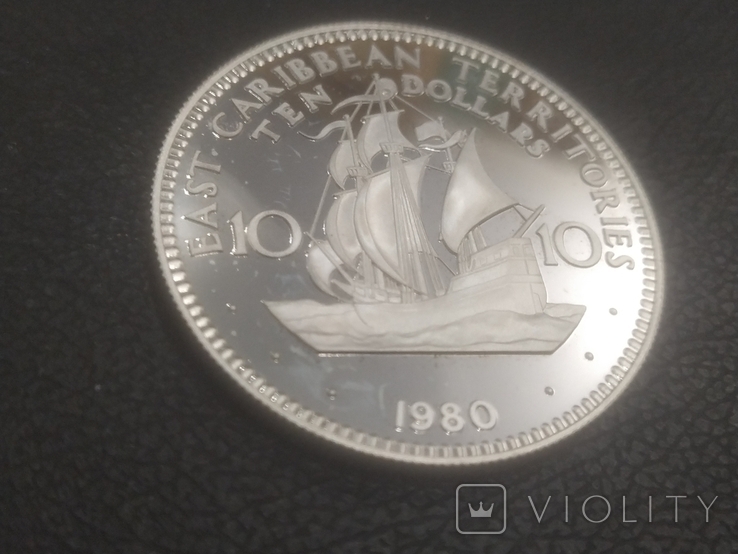 Восточные Карибы 10 долларов 1980 г серебро Корабль Парусник Пруф, фото №3