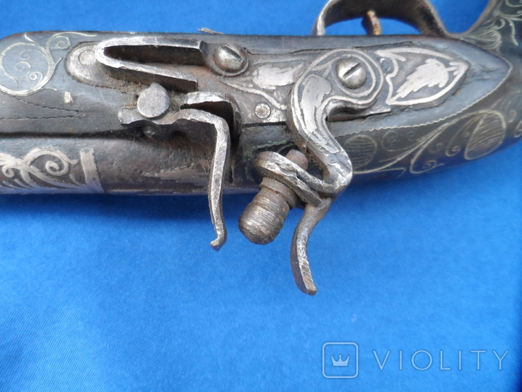 Дульнозарядный кремневый пистоль с инкрустациями серебра. копия, фото №5