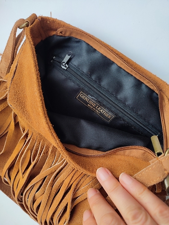 Замшева шкіряна сумка-стиль-бохо Genuine leather сумка з бахромою Італія, фото №9