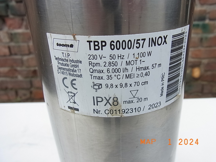 Насос глубинний для скважини T.I.P TOOM TBP 6000/57 INOX 1100W з Німеччини, numer zdjęcia 6