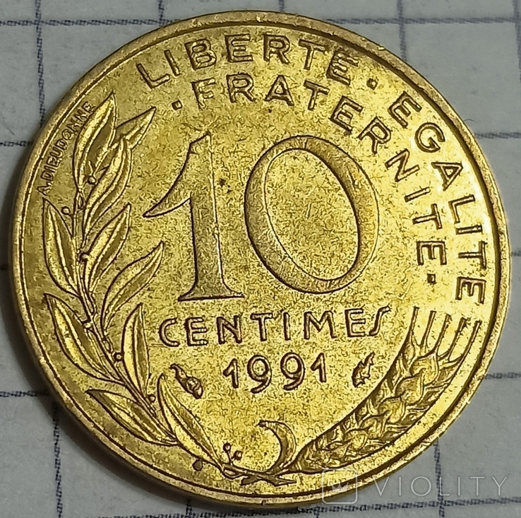 Франция 10 сентим 1991, фото №2