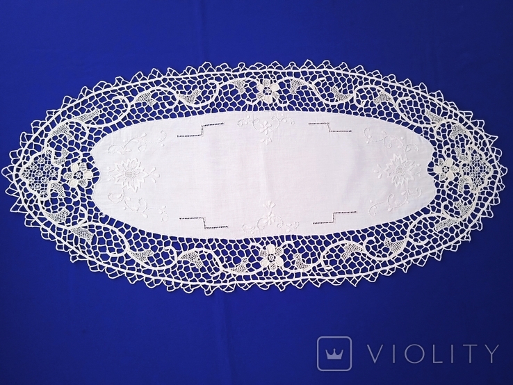 Салфетка овальная кремовая, вышивка, венецианское кружево, размер 27 х 80 см., фото №4