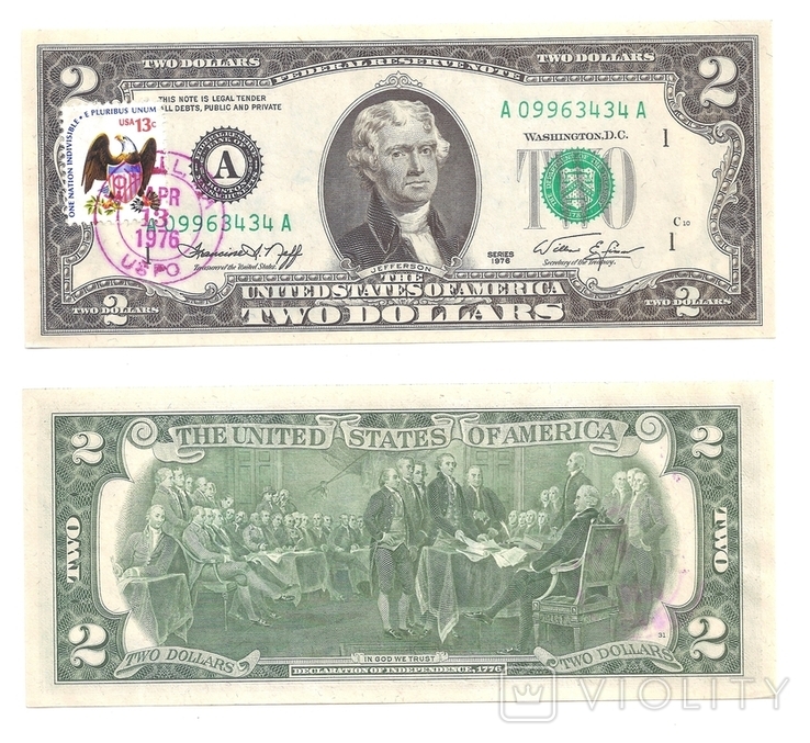 2 доллара США 1976 год спецгашение UNC, фото №2