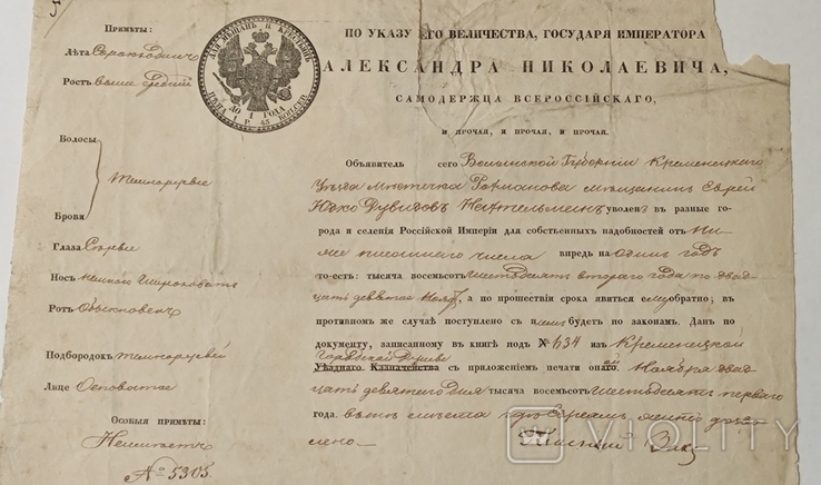 Старинный паспорт периода правления Александра II ( бланк образца 1859 года )., фото №7
