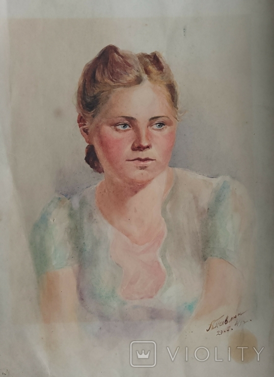 1949 р. Павлюк А.Г. Портрет дівчини папір акварель 40Х29.5 см, фото №8