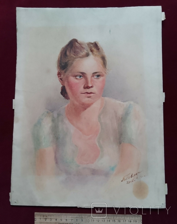 1949 р. Павлюк А.Г. Портрет дівчини папір акварель 40Х29.5 см, фото №2