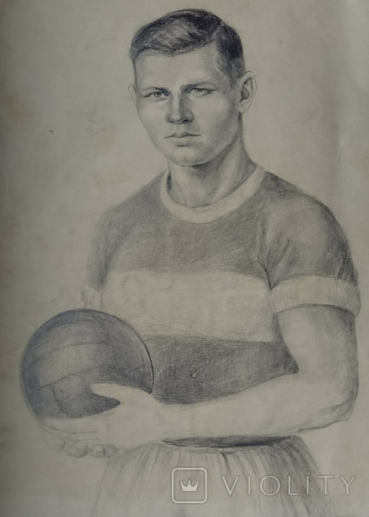1946 р. Павлюк А.Г. Футболіст (старшина Федорець) папір олівець 41Х29 см, фото №12