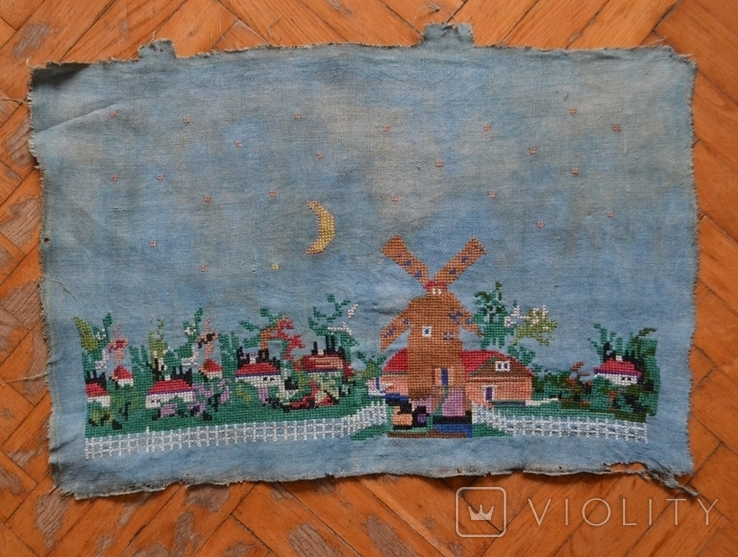 Староукраїнська вишита картина «Нічний млин». Коноплі. Вишивка хрестиком. Розмір: 62х41 см, фото №2