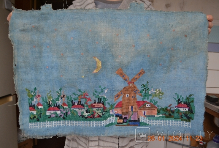 Староукраїнська вишита картина «Нічний млин». Коноплі. Вишивка хрестиком. Розмір: 62х41 см, фото №10