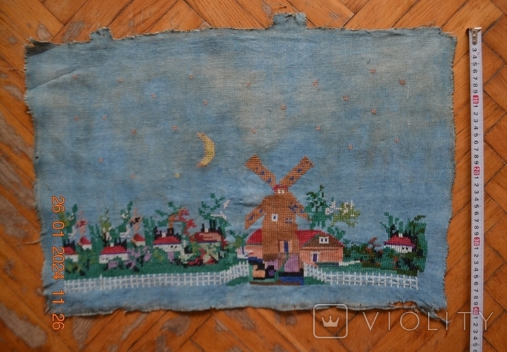 Староукраїнська вишита картина «Нічний млин». Коноплі. Вишивка хрестиком. Розмір: 62х41 см, фото №12