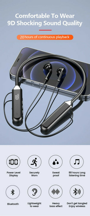 Наушники с магнитным шейным ремешком, беспроводные наушники Bluetooth 5.2, фото №3