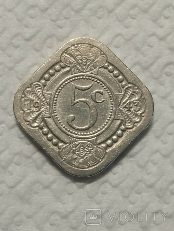 5 центів 1943р. Мідь-цинк-нікель. Королева Вільгельміна. Кюрасао., фото №2