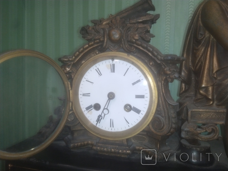 Часы старинные каминные интерьерные Жозефина шпиатр бронза камень механика 41х50х17,5 см, фото №3