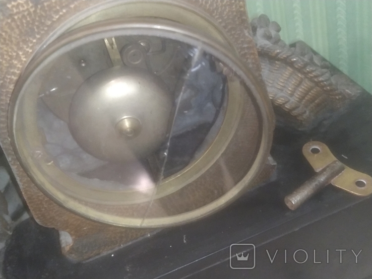 Часы старинные каминные интерьерные Жозефина шпиатр бронза камень механика 41х50х17,5 см, фото №10
