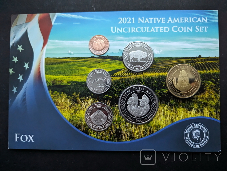 Монети індіанських народів племен 6 шт в картонному блістері Фокси(Месквокі) США 2021 рік, фото №2
