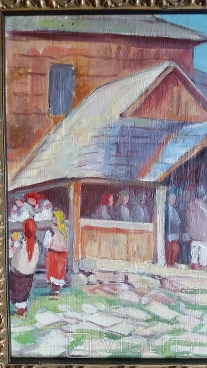 Картина НХУ Олени Кульчицької Гуцули біля церкви, 32х39,4 см, фото №5