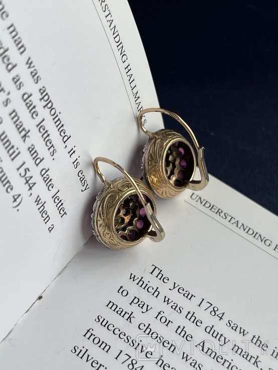 Антикварні золоті сережки з діамантами та рубінами. Золото 750. Вага 12,85 грам, фото №8
