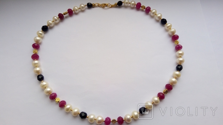 Ожерелье, натуральные камни( кварц под рубин, натуральный жемчуг), ювелирное стекло, фото №3