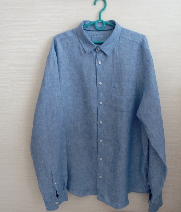 M&amp;S Льняная мужская рубашка длинный рукав меланж голубой XL, фото №6
