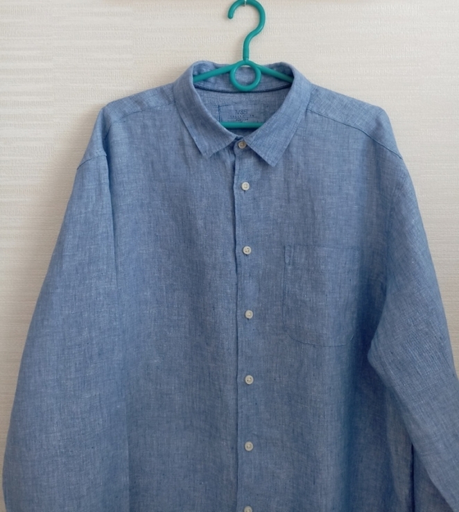 M&amp;S Льняная мужская рубашка длинный рукав меланж голубой XL, фото №7