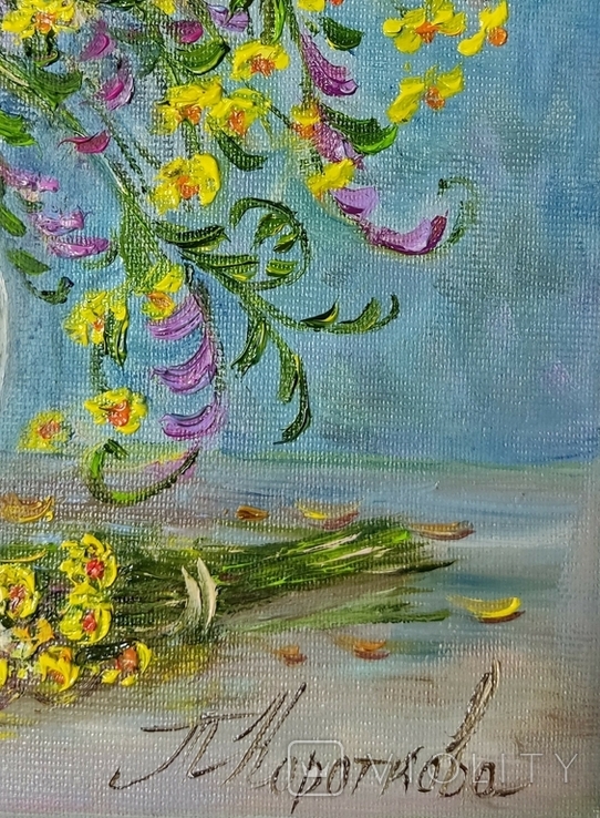 Картина натюрморт квіти Яркий букетик автор Короткова Т. Г. полотно, олія 30х30см, фото №3