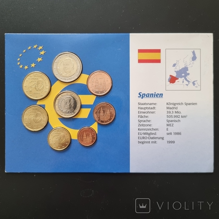 Набор евро Испания 1 2 евро 1 2 5 10 20 50 цент разные года 1999-2002 блистер002 блисте, фото №2