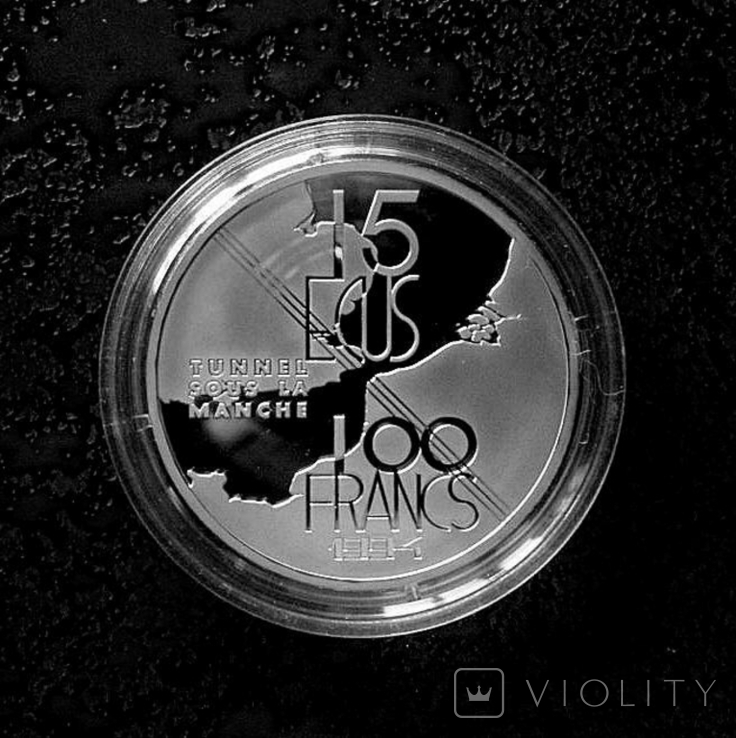 100 франков (15 экю) Франция 1994 "Тоннель под Ла Маншем" состояние PROOF серебро, фото №2