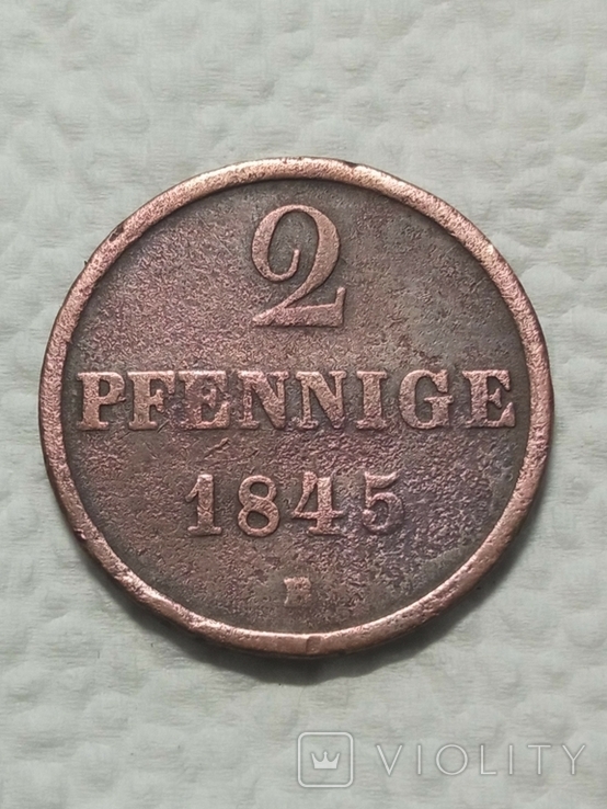 2 пфеніга 1845р. Мідь. Ернст Август. Королівство Ганновер., фото №2