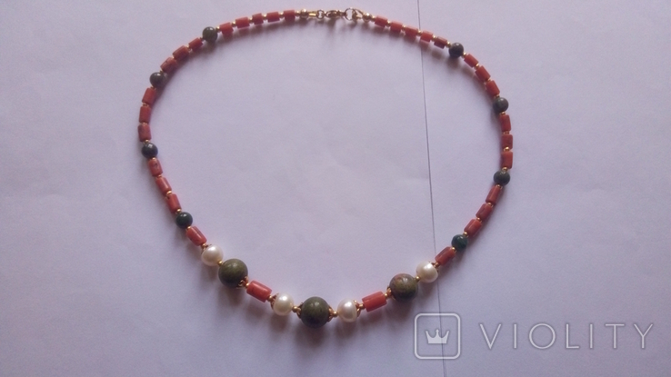Ожерелье, натуральный коралл, натуральный жемчуг, унакит, агат, фото №6