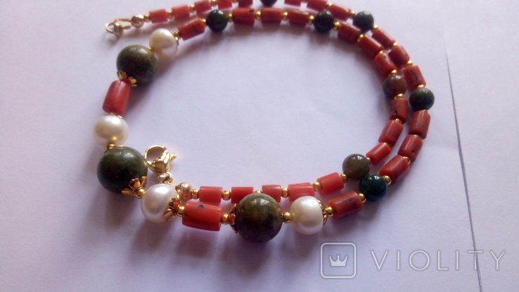 Ожерелье, натуральный коралл, натуральный жемчуг, унакит, агат, фото №7