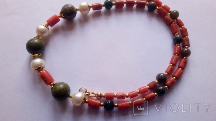 Ожерелье, натуральный коралл, натуральный жемчуг, унакит, агат, фото №8