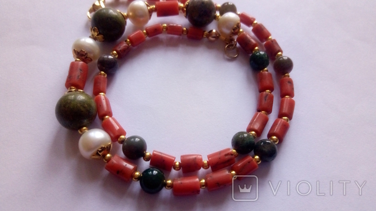 Ожерелье, натуральный коралл, натуральный жемчуг, унакит, агат, фото №9
