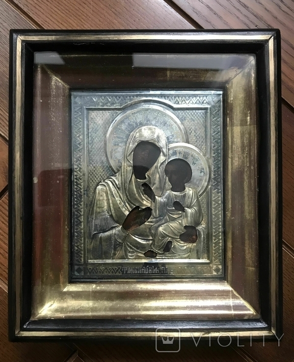 Старинная икона "Тихвинская П.Б." в серебряном окладе 84 пробы и киоте, фото №2