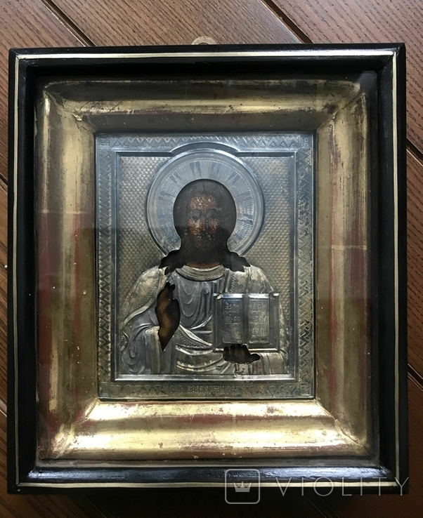 Старинная икона "Господь Вседержитель" в серебряном окладе 84 пробы и киоте, фото №2