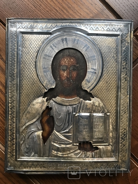 Старинная икона "Господь Вседержитель" в серебряном окладе 84 пробы и киоте, фото №7